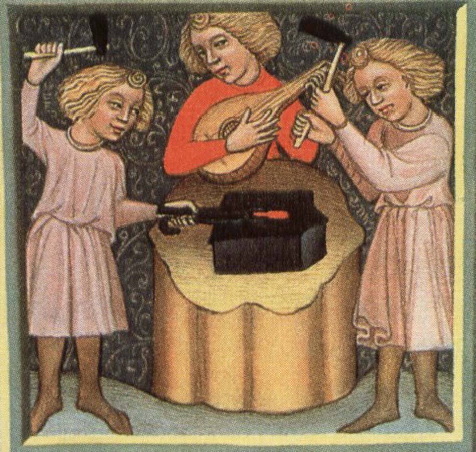 Giovanni Lanfranco Lighting display pipa player and two men playing anvil as percussion instruments.